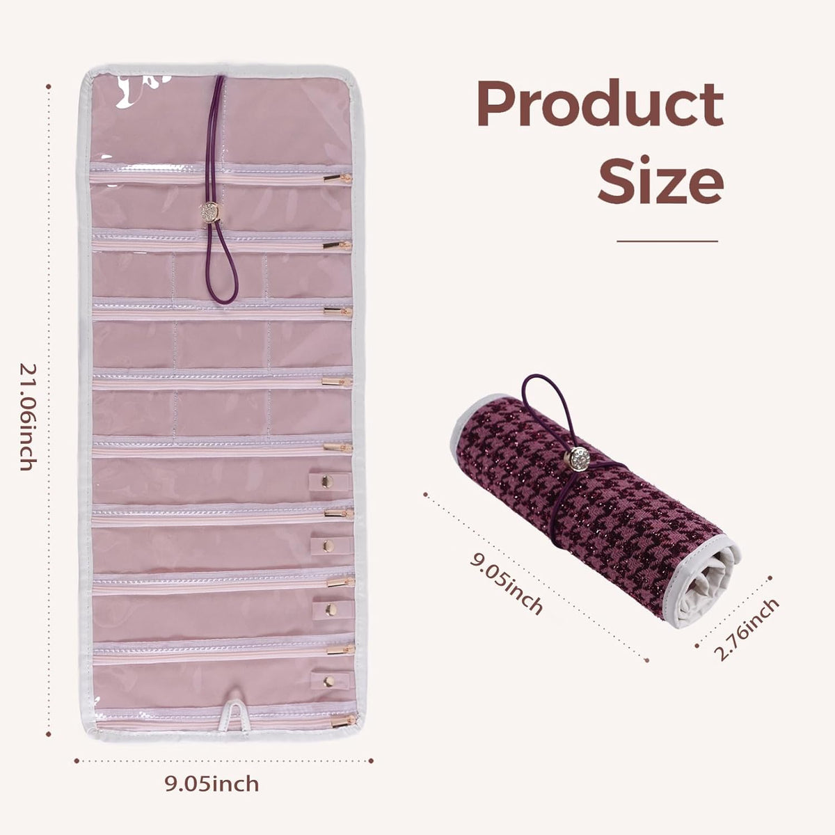 Travel Jewelry Organizer Roll with Zippered Pockets,Hangable | Tangle-Free Portable Jewelry Storage Bag for Women | Holder for Necklaces, Earrings, Rings, Bracelets,Bangles