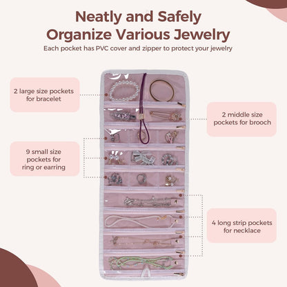 Travel Jewelry Organizer Roll with Zippered Pockets,Hangable | Tangle-Free Portable Jewelry Storage Bag for Women | Holder for Necklaces, Earrings, Rings, Bracelets,Bangles