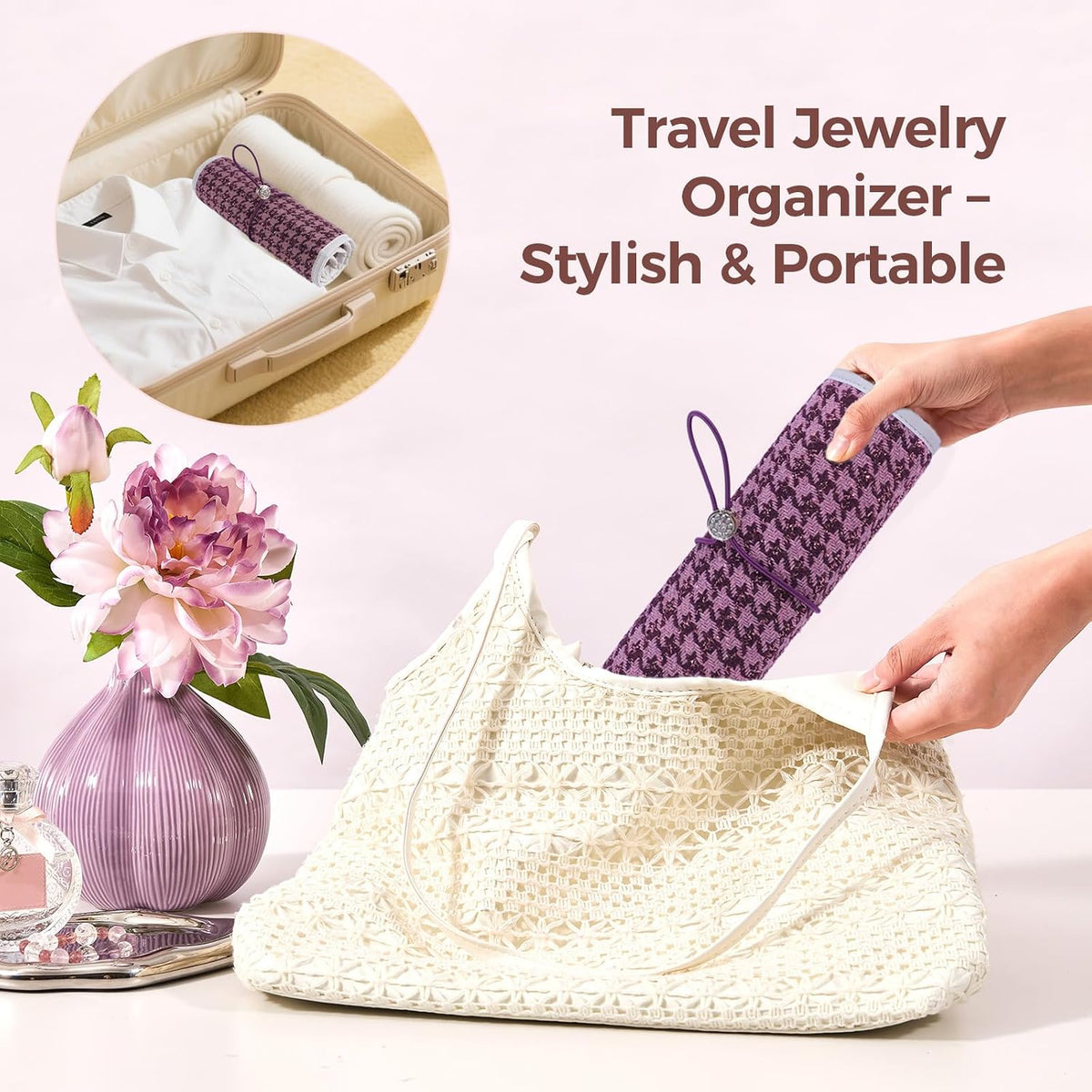 Travel Jewelry Organizer Roll with Zippered Pockets,Hangable | Tangle-Free Portable Jewelry Storage Bag for Women | Holder for Necklaces, Earrings, Rings, Bracelets,Bangles