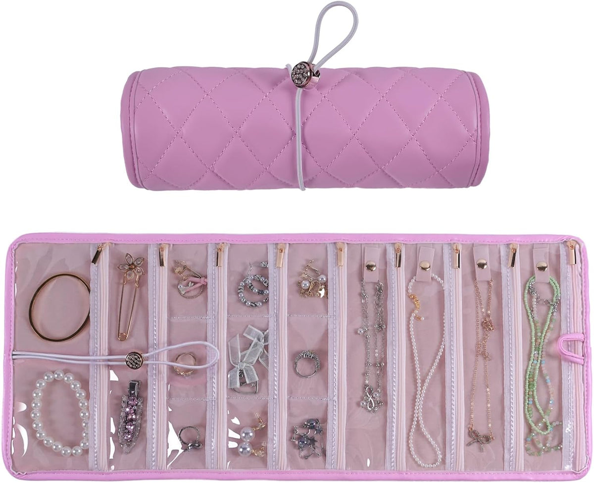 Travel Jewelry Organizer Roll with Zippered Pockets,Hangable | Tangle-Free Portable Jewelry Storage Bag for Women | Holder for Necklaces, Earrings, Rings, Bracelets,Bangles