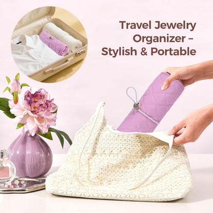 Travel Jewelry Organizer Roll with Zippered Pockets,Hangable | Tangle-Free Portable Jewelry Storage Bag for Women | Holder for Necklaces, Earrings, Rings, Bracelets,Bangles