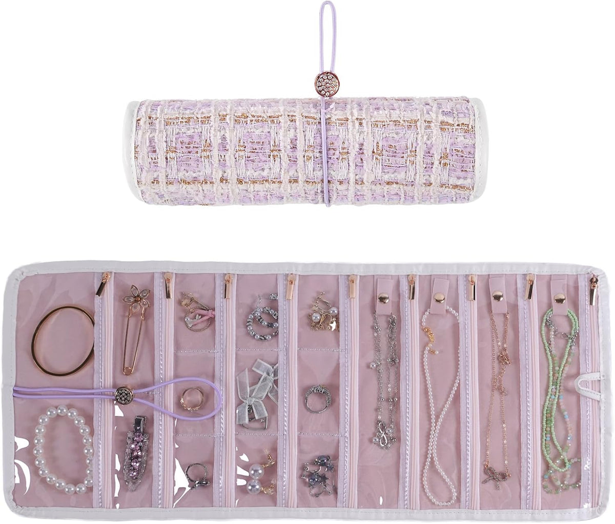 Travel Jewelry Organizer Roll with Zippered Pockets,Hangable | Tangle-Free Portable Jewelry Storage Bag for Women | Holder for Necklaces, Earrings, Rings, Bracelets,Bangles