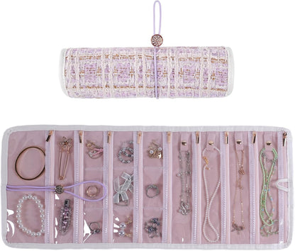 Travel Jewelry Organizer Roll with Zippered Pockets,Hangable | Tangle-Free Portable Jewelry Storage Bag for Women | Holder for Necklaces, Earrings, Rings, Bracelets,Bangles