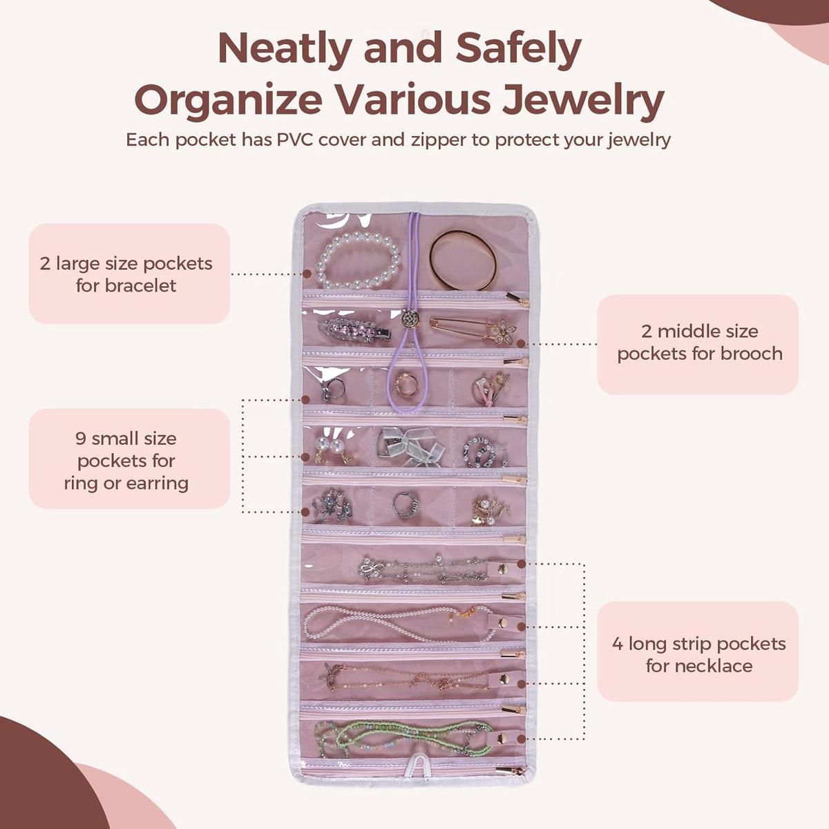 Travel Jewelry Organizer Roll with Zippered Pockets,Hangable | Tangle-Free Portable Jewelry Storage Bag for Women | Holder for Necklaces, Earrings, Rings, Bracelets,Bangles