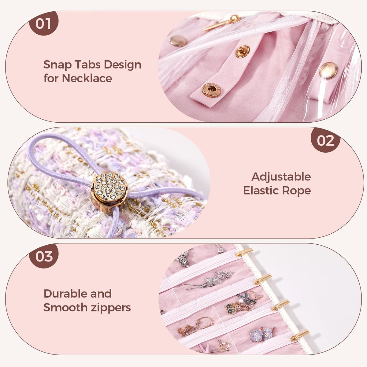 Travel Jewelry Organizer Roll with Zippered Pockets,Hangable | Tangle-Free Portable Jewelry Storage Bag for Women | Holder for Necklaces, Earrings, Rings, Bracelets,Bangles