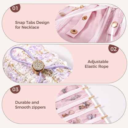 Travel Jewelry Organizer Roll with Zippered Pockets,Hangable | Tangle-Free Portable Jewelry Storage Bag for Women | Holder for Necklaces, Earrings, Rings, Bracelets,Bangles