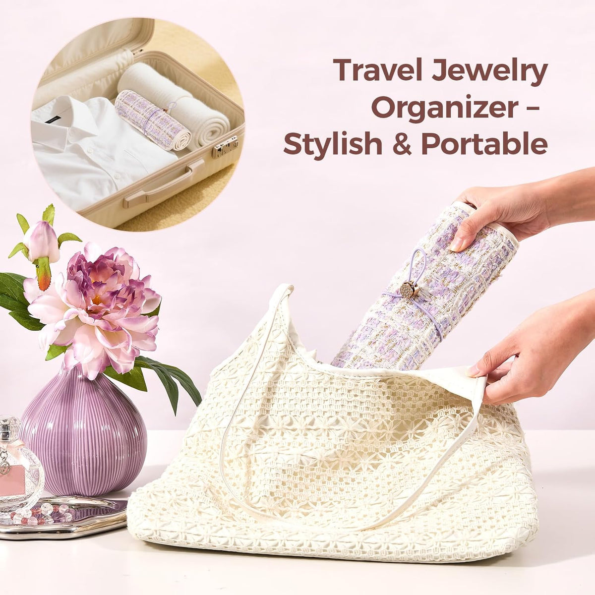 Travel Jewelry Organizer Roll with Zippered Pockets,Hangable | Tangle-Free Portable Jewelry Storage Bag for Women | Holder for Necklaces, Earrings, Rings, Bracelets,Bangles
