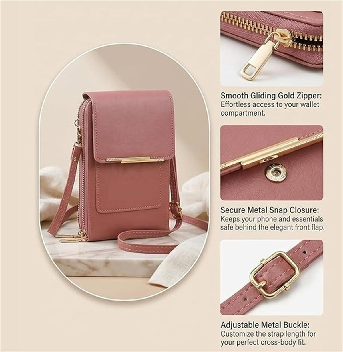Women's Touch Screen Mobile Phone Messenger Bag, RFID Leather Crossbody Wallet Purse, Anti-Theft Shoulder Strap