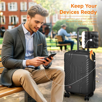 Carry On Luggage 22x14x9 Airline Approved, Hardshell Durable PC+ABS Luggage with Spinner Wheels, Lightweight Travel Rolling Suitcase with Built-in TSA Lock,USB Port,Silver