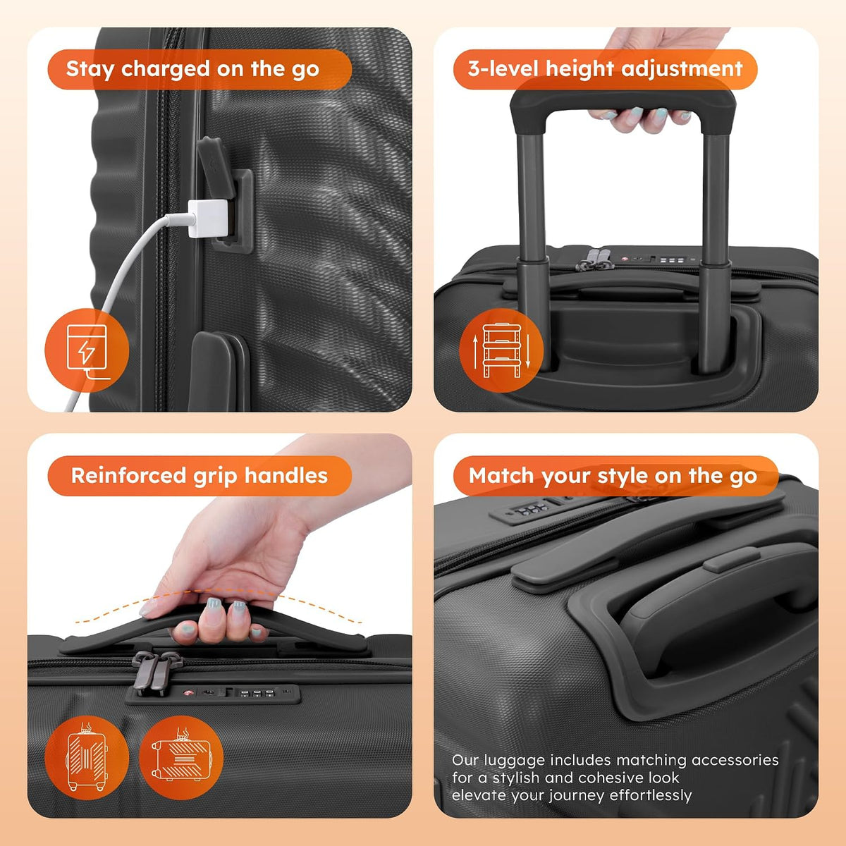 Carry On Luggage 22x14x9 Airline Approved, Hardshell Durable PC+ABS Luggage with Spinner Wheels, Lightweight Travel Rolling Suitcase with Built-in TSA Lock,USB Port,Silver