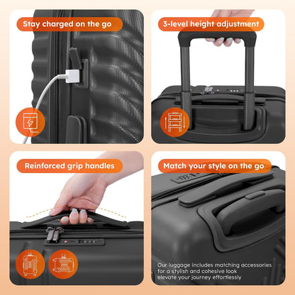 Carry On Luggage 22x14x9 Airline Approved, Hardshell Durable PC+ABS Luggage with Spinner Wheels, Lightweight Travel Rolling Suitcase with Built-in TSA Lock,USB Port,Silver