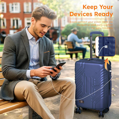 Carry On Luggage 22x14x9 Airline Approved, Hardshell Durable PC+ABS Luggage with Spinner Wheels, Lightweight Travel Rolling Suitcase with Built-in TSA Lock,USB Port,Silver