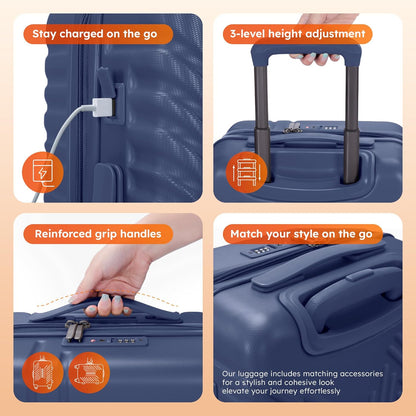 Carry On Luggage 22x14x9 Airline Approved, Hardshell Durable PC+ABS Luggage with Spinner Wheels, Lightweight Travel Rolling Suitcase with Built-in TSA Lock,USB Port,Silver