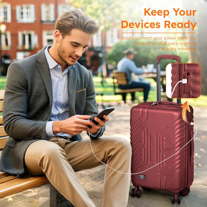 Carry On Luggage 22x14x9 Airline Approved, Hardshell Durable PC+ABS Luggage with Spinner Wheels, Lightweight Travel Rolling Suitcase with Built-in TSA Lock,USB Port,Silver