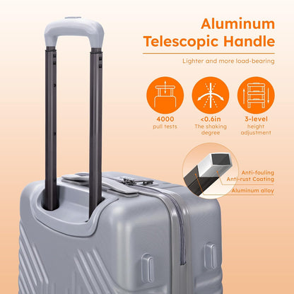 Carry On Luggage 22x14x9 Airline Approved, Hardshell Durable PC+ABS Luggage with Spinner Wheels, Lightweight Travel Rolling Suitcase with Built-in TSA Lock,USB Port,Silver