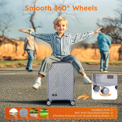 Carry On Luggage 22x14x9 Airline Approved, Hardshell Durable PC+ABS Luggage with Spinner Wheels, Lightweight Travel Rolling Suitcase with Built-in TSA Lock,USB Port,Silver
