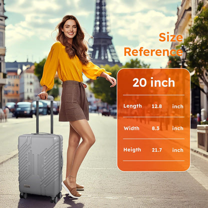 Carry On Luggage 22x14x9 Airline Approved, Hardshell Durable PC+ABS Luggage with Spinner Wheels, Lightweight Travel Rolling Suitcase with Built-in TSA Lock,USB Port,Silver