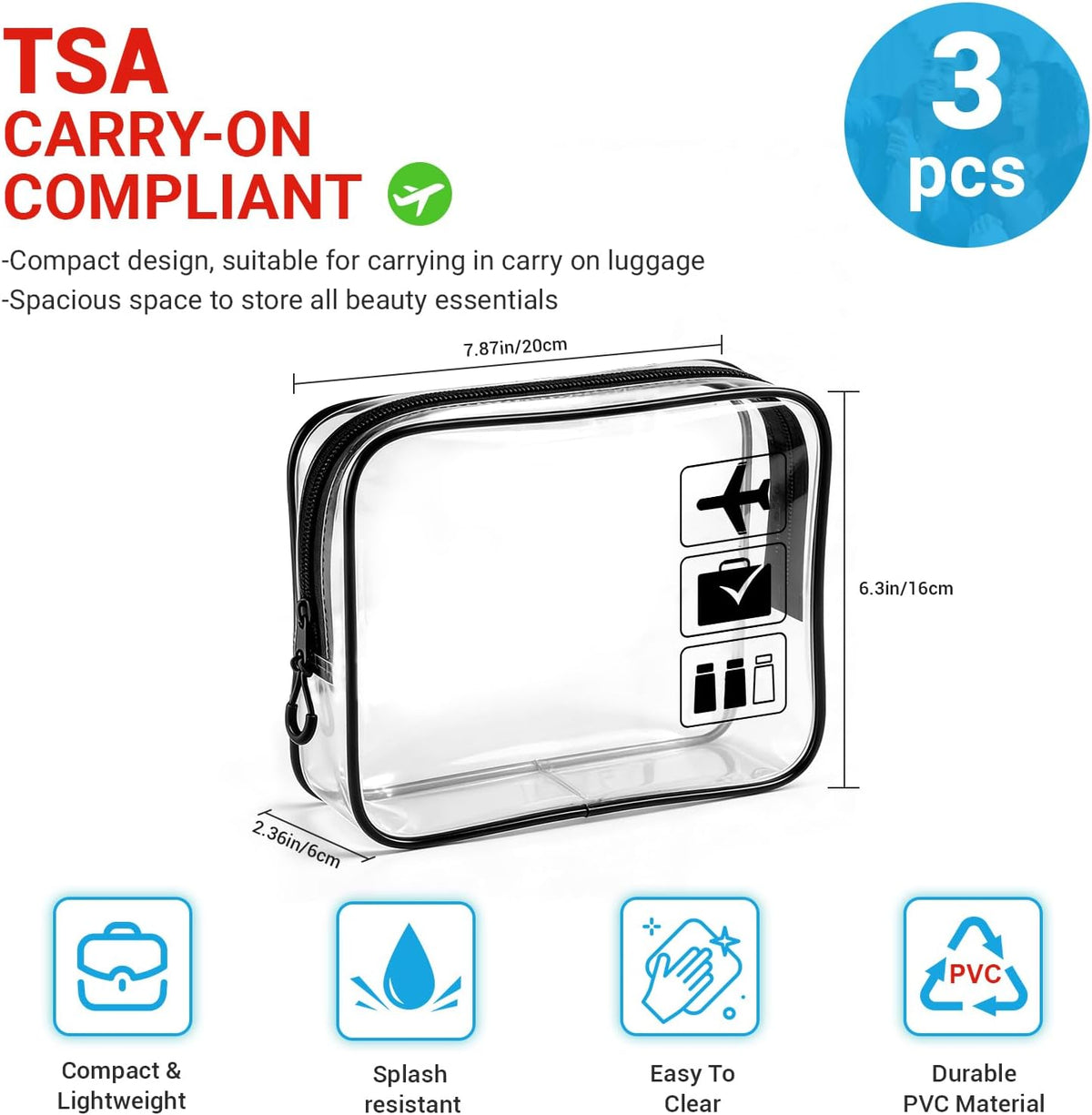 TSA Approved Toiletry Bag, 3pcs Clear Makeup Bags Quart Size Travel Makeup Cosmetic Bag, for Women and Men, Carry on Airport Airline Compliant Bag (Blue, L)