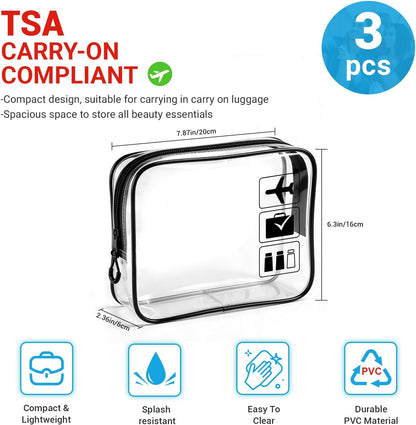 TSA Approved Toiletry Bag, 3pcs Clear Makeup Bags Quart Size Travel Makeup Cosmetic Bag, for Women and Men, Carry on Airport Airline Compliant Bag (Blue, L)