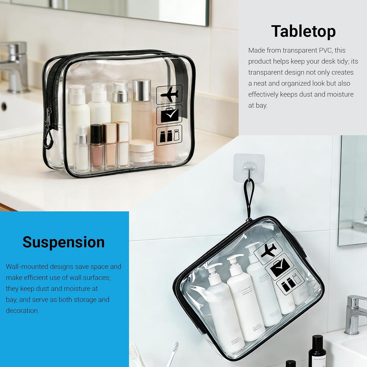 TSA Approved Toiletry Bag, 3pcs Clear Makeup Bags Quart Size Travel Makeup Cosmetic Bag, for Women and Men, Carry on Airport Airline Compliant Bag (Blue, L)