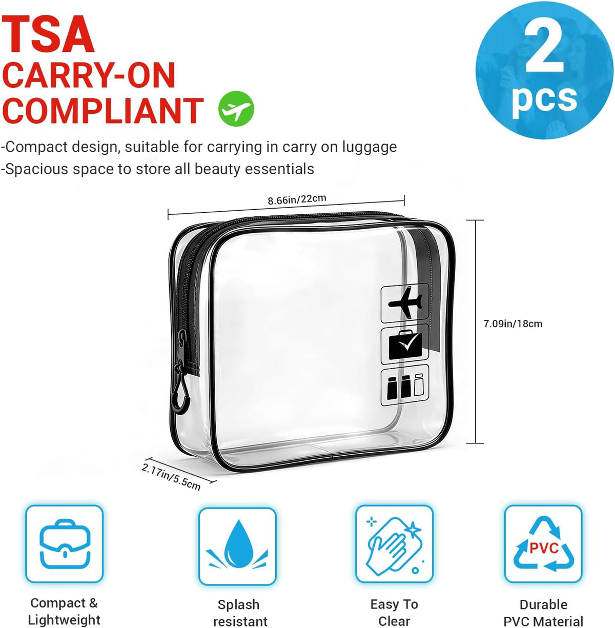 TSA Approved Toiletry Bag, 3pcs Clear Makeup Bags Quart Size Travel Makeup Cosmetic Bag, for Women and Men, Carry on Airport Airline Compliant Bag (Blue, L)