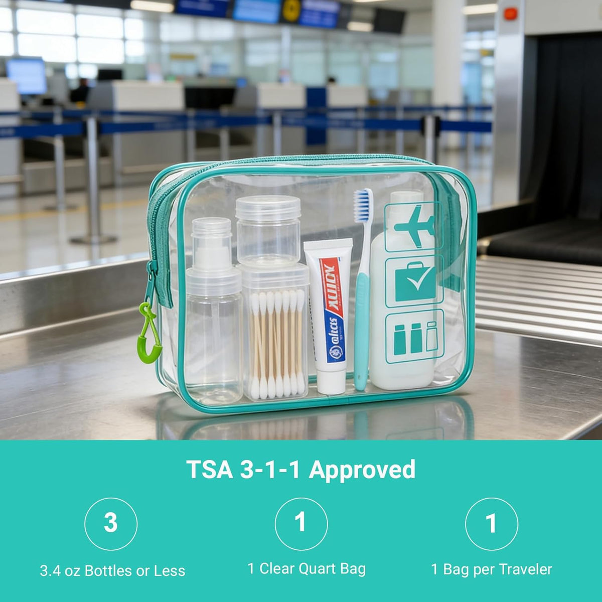 TSA Approved Toiletry Bag, 3pcs Clear Makeup Bags Quart Size Travel Makeup Cosmetic Bag, for Women and Men, Carry on Airport Airline Compliant Bag (Blue, L)