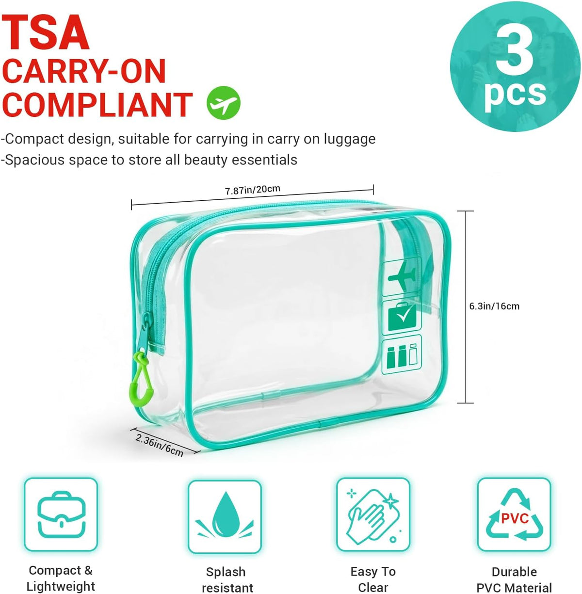 TSA Approved Toiletry Bag, 3pcs Clear Makeup Bags Quart Size Travel Makeup Cosmetic Bag, for Women and Men, Carry on Airport Airline Compliant Bag (Blue, L)