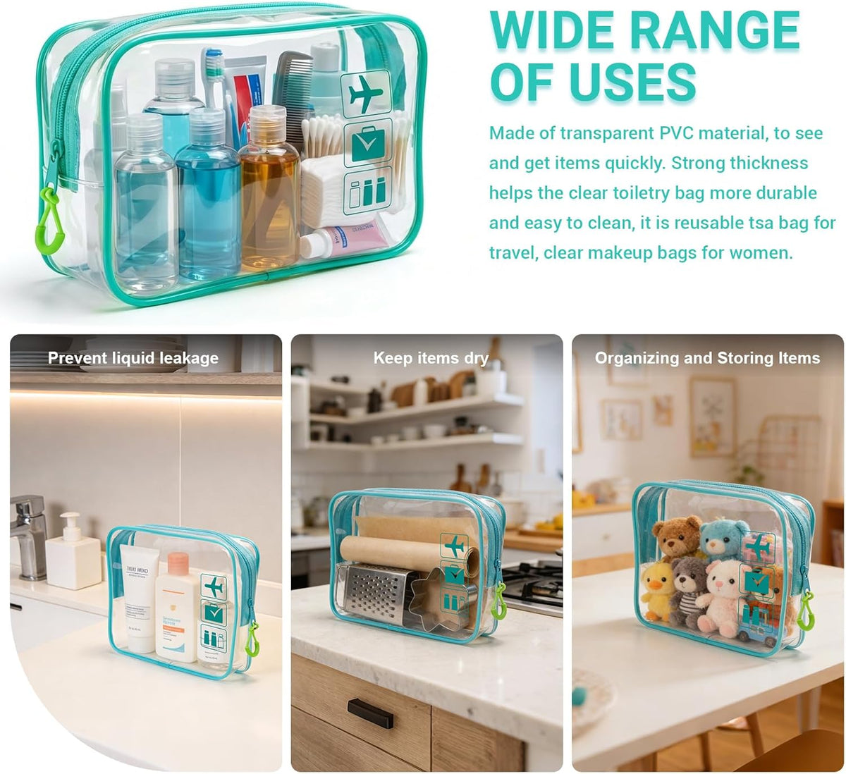 TSA Approved Toiletry Bag, 3pcs Clear Makeup Bags Quart Size Travel Makeup Cosmetic Bag, for Women and Men, Carry on Airport Airline Compliant Bag (Blue, L)