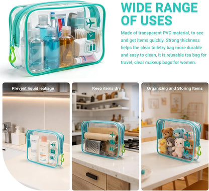 TSA Approved Toiletry Bag, 3pcs Clear Makeup Bags Quart Size Travel Makeup Cosmetic Bag, for Women and Men, Carry on Airport Airline Compliant Bag (Blue, L)