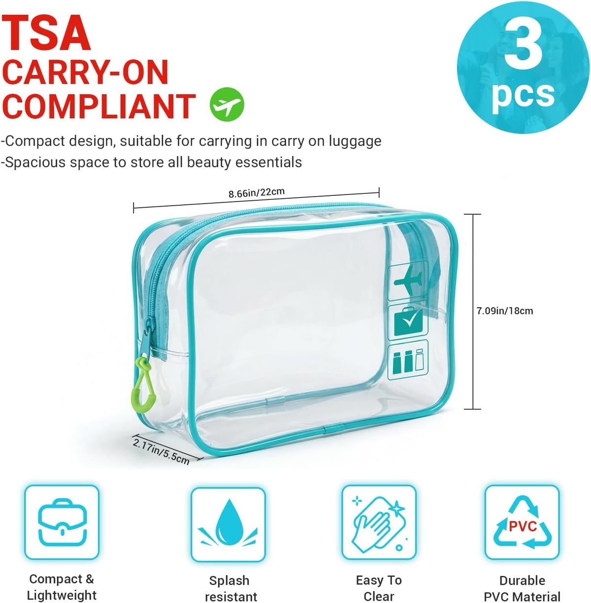 TSA Approved Toiletry Bag, 3pcs Clear Makeup Bags Quart Size Travel Makeup Cosmetic Bag, for Women and Men, Carry on Airport Airline Compliant Bag (Blue, L)