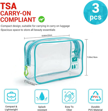 TSA Approved Toiletry Bag, 3pcs Clear Makeup Bags Quart Size Travel Makeup Cosmetic Bag, for Women and Men, Carry on Airport Airline Compliant Bag (Blue, L)