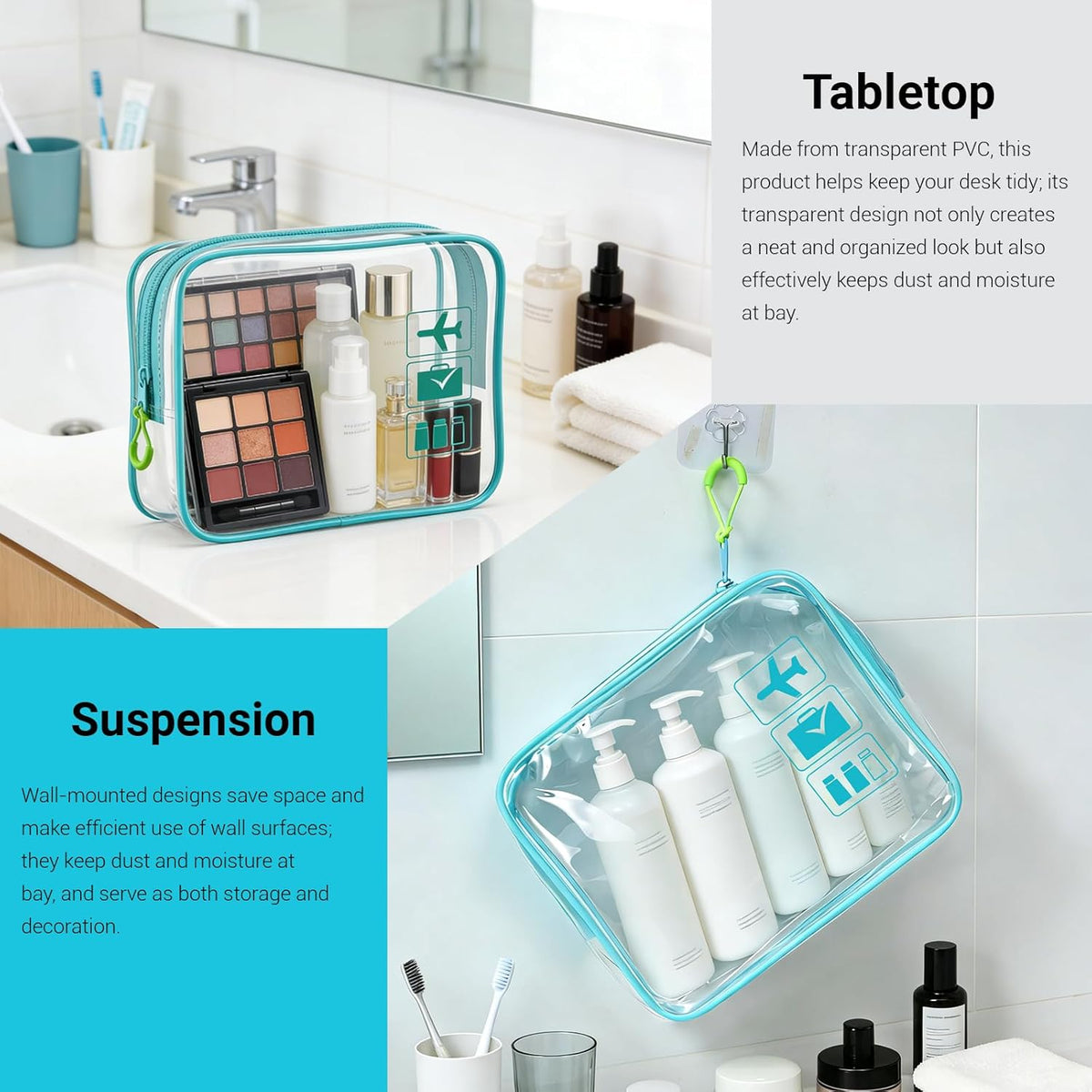 TSA Approved Toiletry Bag, 3pcs Clear Makeup Bags Quart Size Travel Makeup Cosmetic Bag, for Women and Men, Carry on Airport Airline Compliant Bag (Blue, L)