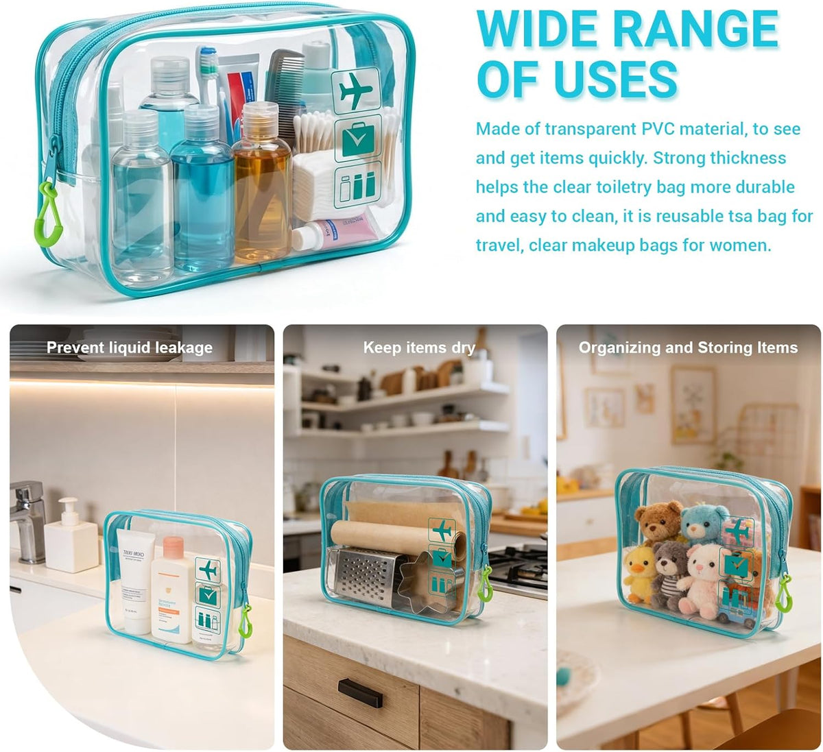 TSA Approved Toiletry Bag, 3pcs Clear Makeup Bags Quart Size Travel Makeup Cosmetic Bag, for Women and Men, Carry on Airport Airline Compliant Bag (Blue, L)