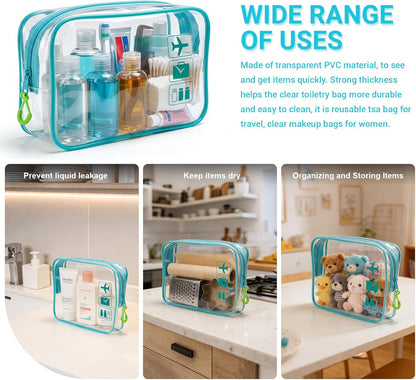 TSA Approved Toiletry Bag, 3pcs Clear Makeup Bags Quart Size Travel Makeup Cosmetic Bag, for Women and Men, Carry on Airport Airline Compliant Bag (Blue, L)