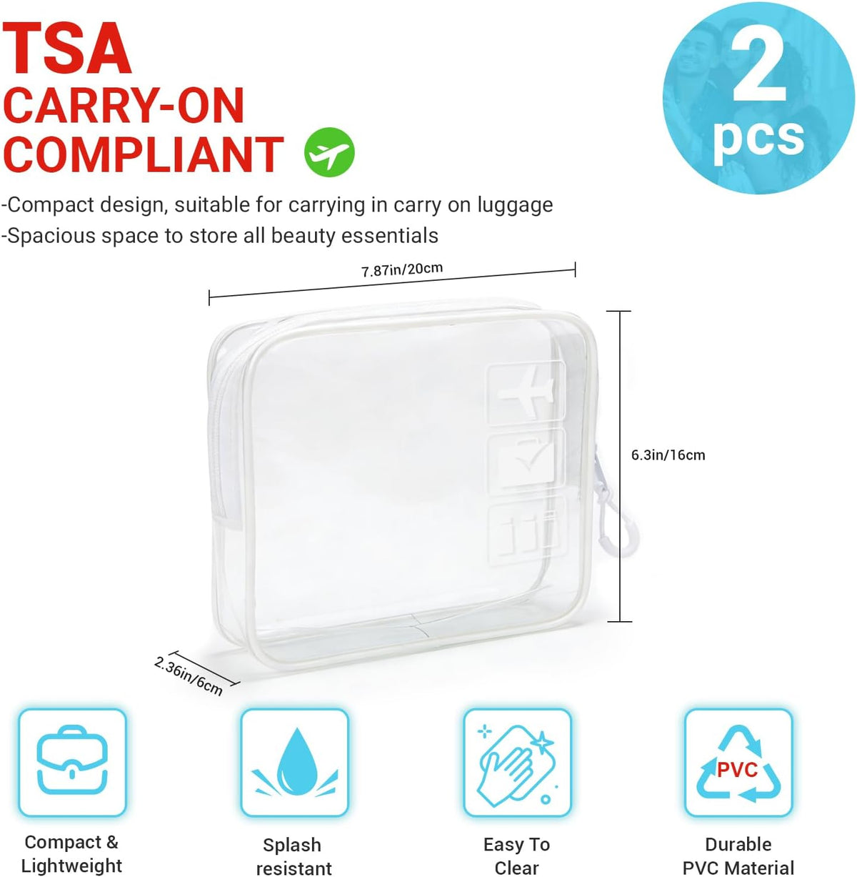 TSA Approved Toiletry Bag, 3pcs Clear Makeup Bags Quart Size Travel Makeup Cosmetic Bag, for Women and Men, Carry on Airport Airline Compliant Bag (Blue, L)