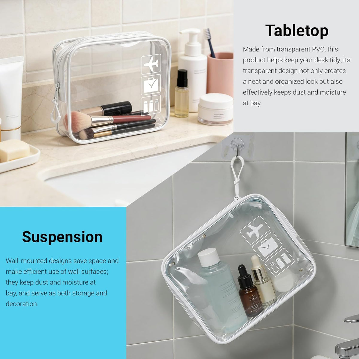 TSA Approved Toiletry Bag, 3pcs Clear Makeup Bags Quart Size Travel Makeup Cosmetic Bag, for Women and Men, Carry on Airport Airline Compliant Bag (Blue, L)