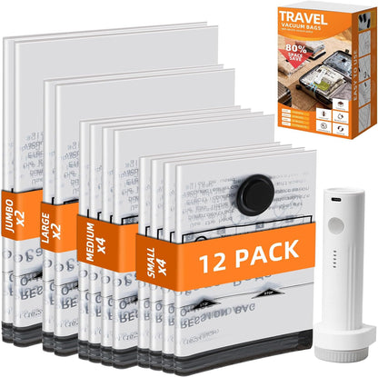 12 Pack Vacuum Travel Bags With Pump,Vacuum Bags For Clothes (4S+4M+2L+2J) | Vacuum Storage Bags For Clothes,Vacuum Compression Bags For Travel and Home Organization