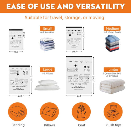 12 Pack Vacuum Travel Bags With Pump,Vacuum Bags For Clothes (4S+4M+2L+2J) | Vacuum Storage Bags For Clothes,Vacuum Compression Bags For Travel and Home Organization