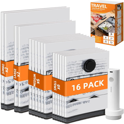 12 Pack Vacuum Travel Bags With Pump,Vacuum Bags For Clothes (4S+4M+2L+2J) | Vacuum Storage Bags For Clothes,Vacuum Compression Bags For Travel and Home Organization