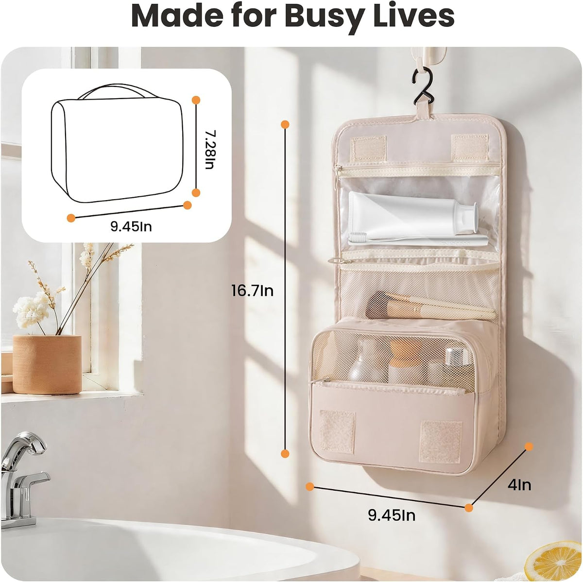 Portable Hanging Toiletry Bag for Travel, Small Multifunctional Makeup Cosmetic Bag for Women, Waterproof Travel Toiletries Organizer, Shower Bathroom Pouch with Hook for Gym, Business Trips