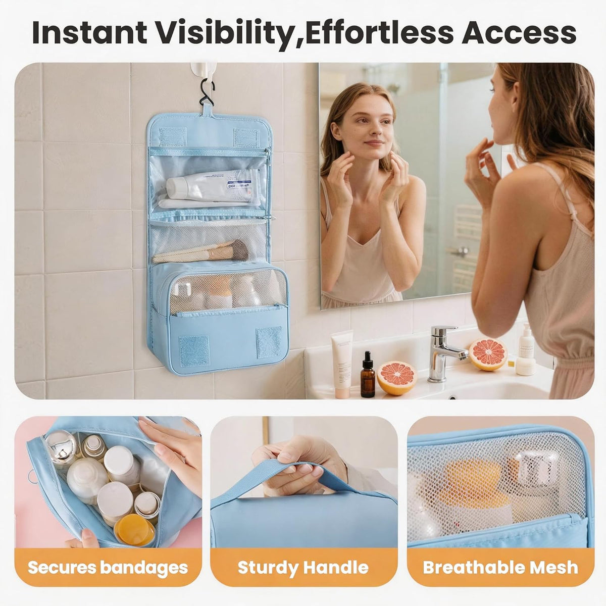 Portable Hanging Toiletry Bag for Travel, Small Multifunctional Makeup Cosmetic Bag for Women, Waterproof Travel Toiletries Organizer, Shower Bathroom Pouch with Hook for Gym, Business Trips