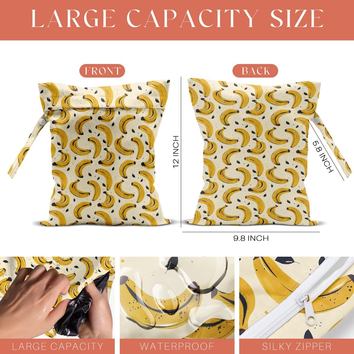 4 Pack Cute Fruit Wet Bag Waterproof Washable Reusable Wet Dry Bag for Swimsuit Dirty Clothes Cloth Diaper Travel Beach Pool Yoga Gym Toiletries Travel Beach Essentials Banana Strawberry Orange