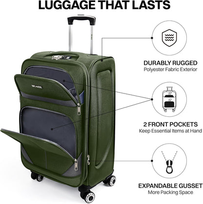 20" Luggage, Softside Suitcase with LOCK,Expandable Luggage w/Double Spinner Wheels, Lightweight Rolling Suitcases for Travel Carry On Luggage（Green-Grey,20in）
