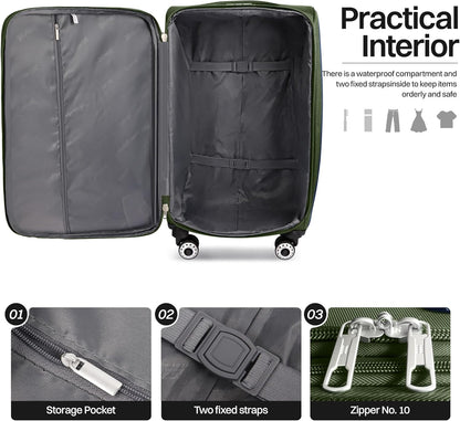 20" Luggage, Softside Suitcase with LOCK,Expandable Luggage w/Double Spinner Wheels, Lightweight Rolling Suitcases for Travel Carry On Luggage（Green-Grey,20in）