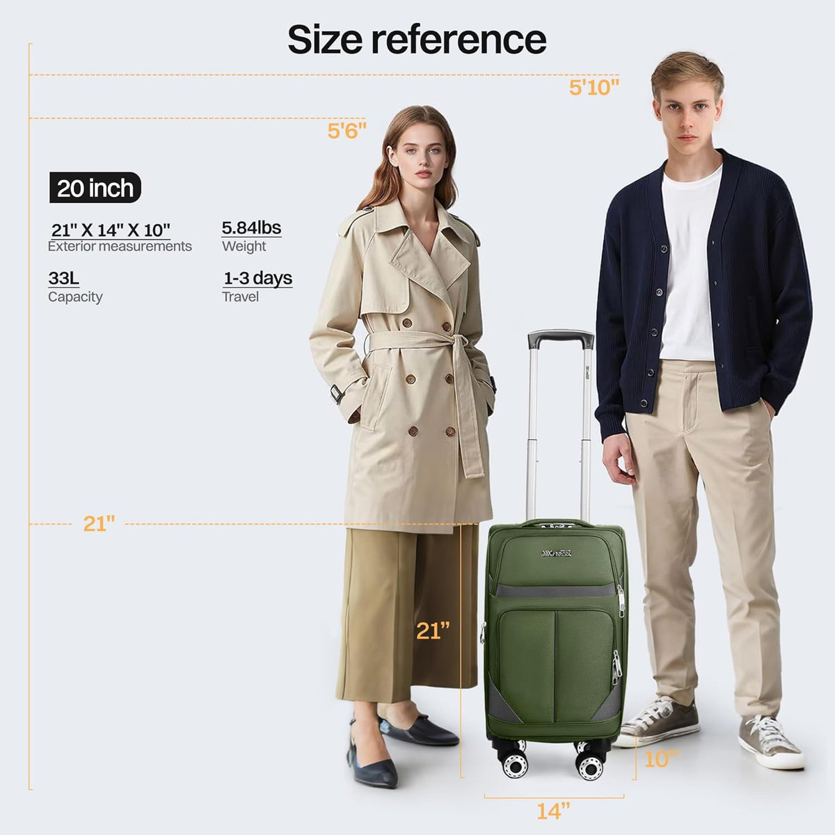 20" Luggage, Softside Suitcase with LOCK,Expandable Luggage w/Double Spinner Wheels, Lightweight Rolling Suitcases for Travel Carry On Luggage（Green-Grey,20in）