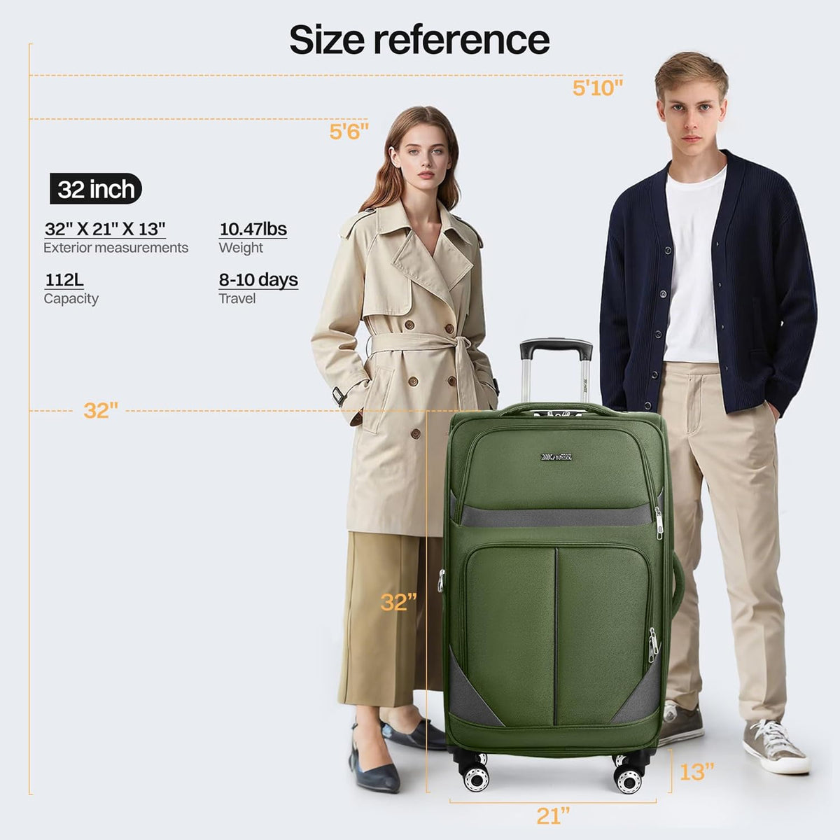 20" Luggage, Softside Suitcase with LOCK,Expandable Luggage w/Double Spinner Wheels, Lightweight Rolling Suitcases for Travel Carry On Luggage（Green-Grey,20in）