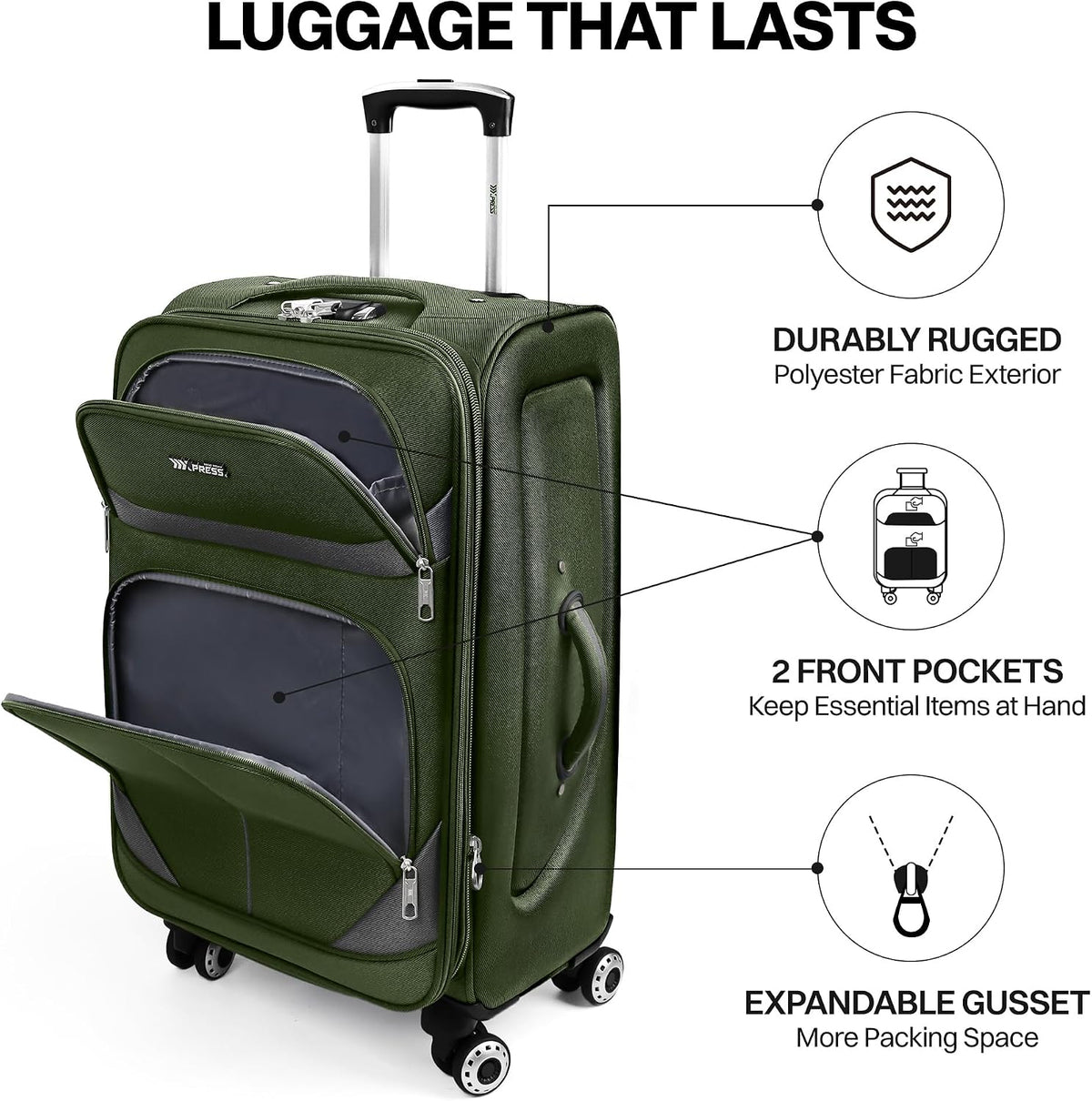 20" Luggage, Softside Suitcase with LOCK,Expandable Luggage w/Double Spinner Wheels, Lightweight Rolling Suitcases for Travel Carry On Luggage（Green-Grey,20in）