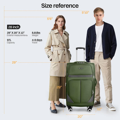 20" Luggage, Softside Suitcase with LOCK,Expandable Luggage w/Double Spinner Wheels, Lightweight Rolling Suitcases for Travel Carry On Luggage（Green-Grey,20in）