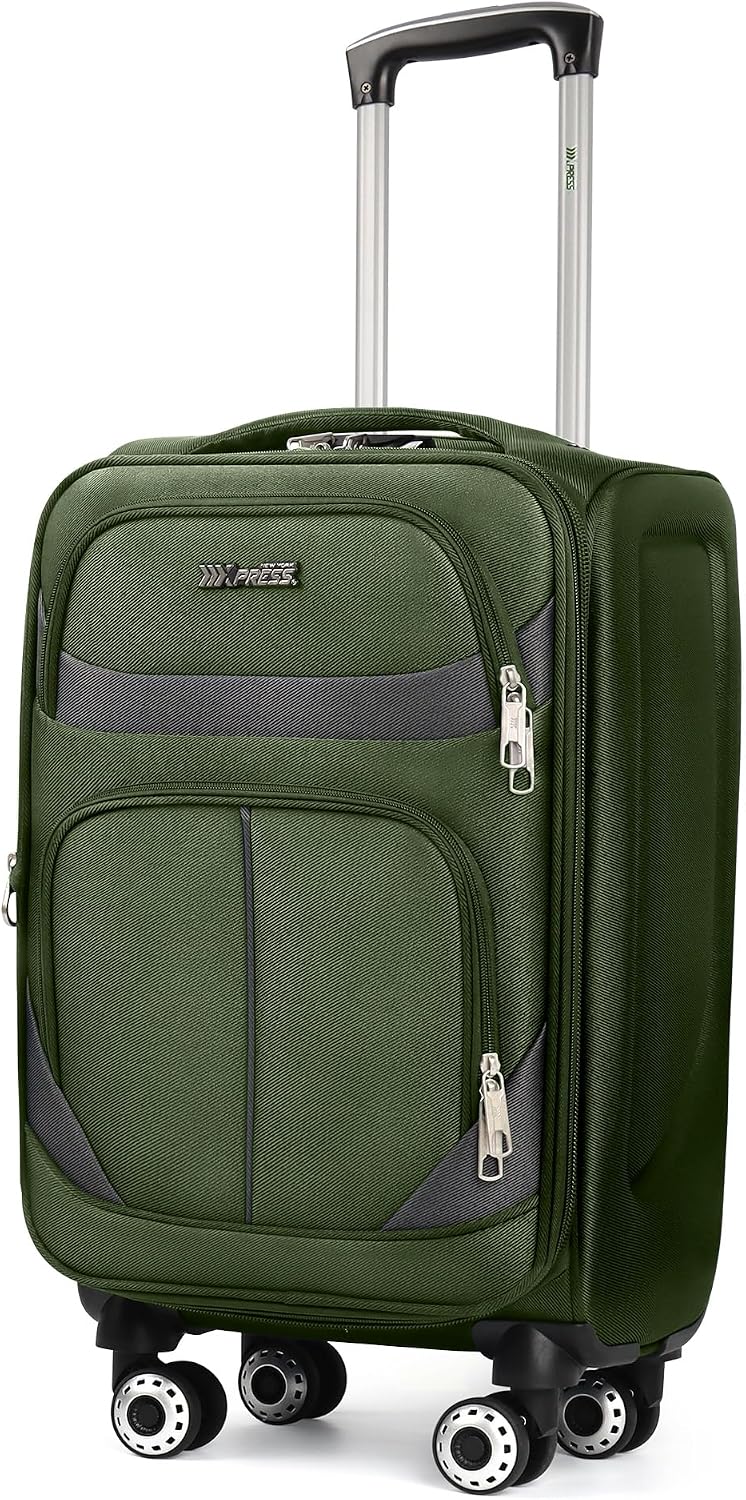 20" Luggage, Softside Suitcase with LOCK,Expandable Luggage w/Double Spinner Wheels, Lightweight Rolling Suitcases for Travel Carry On Luggage（Green-Grey,20in）