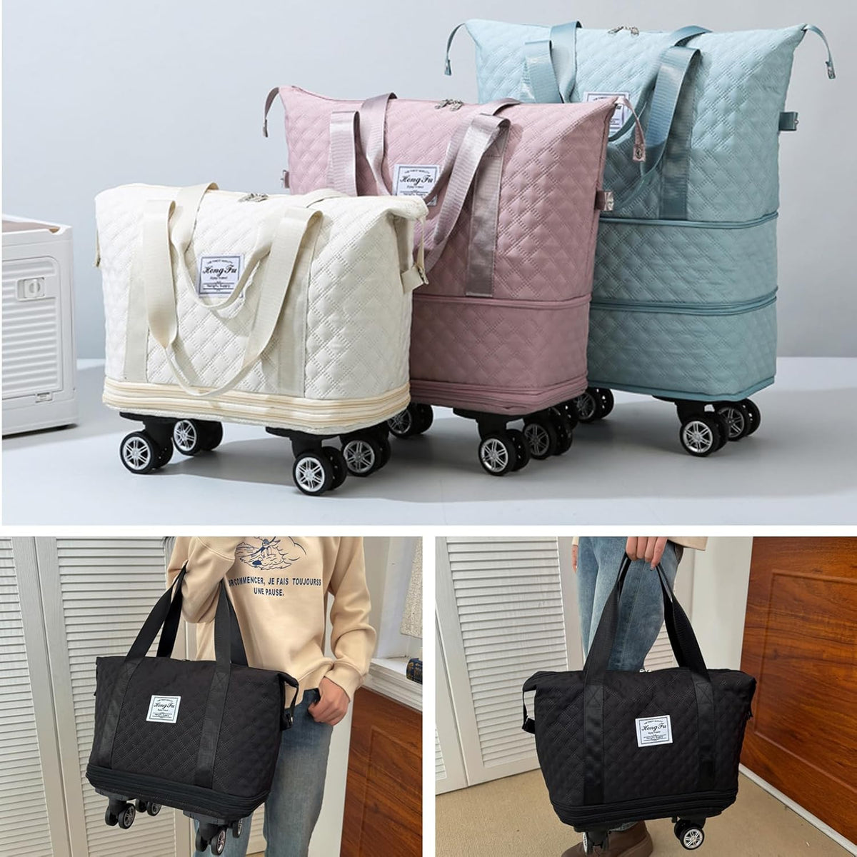 Rolling Duffle Bag with Wheels,Expandable Foldable Duffle Bag,Detachable Rolling Wheels,Rolling Luggage Bag Carry on Duffel Bag,Wheeled Travel Duffle Bag,Gift for Wife and Parents